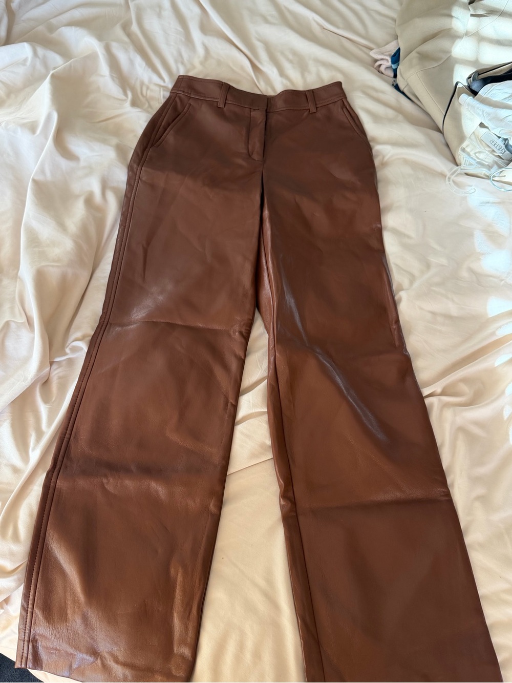 Babaton Brown Faux Leather Wide-Leg Pants